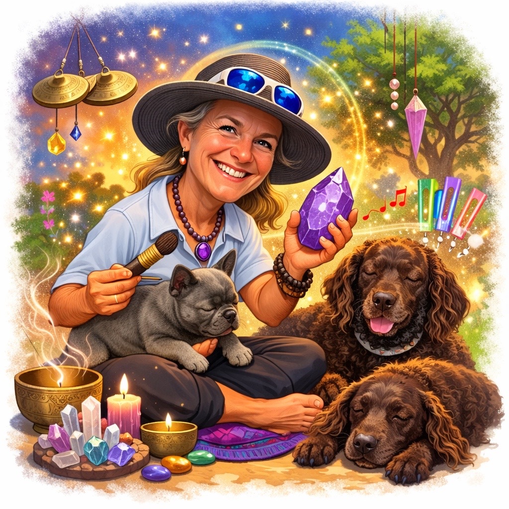 Nikki performing a healing session with dogs — singing bowls, crystals, candles and meditation in a peaceful setting